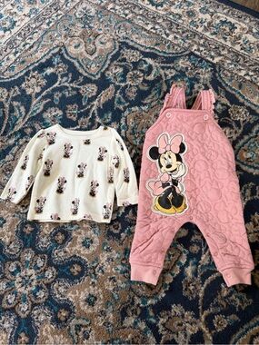NWOT 3-6M Minnie Mouse Pink Quilted Overalls & Minnie Print Long Sleeve Top